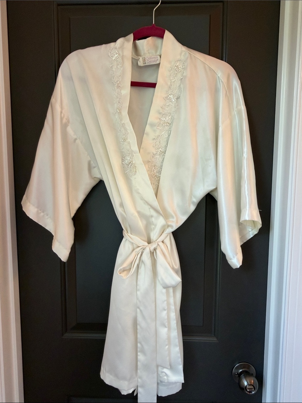 Ivory Satin Kimono Robe with Lace Trim